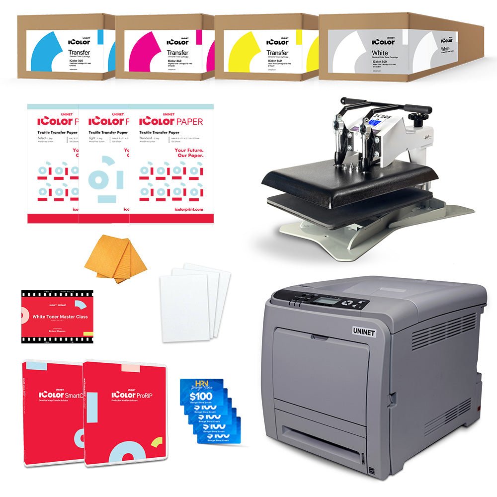 Uninet IColor 340 Apparel Plus White Toner DTF Printer with GeoKnight DK20S Heat Press - HeatPressNation