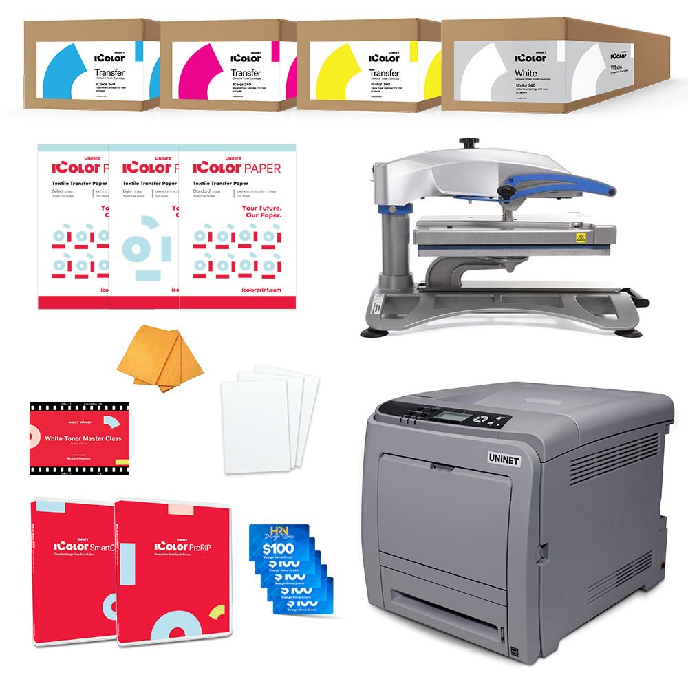 Uninet IColor 340 Apparel Plus White Toner DTF Printer with Stahls Fusion IQ Heat Press - HeatPressNation