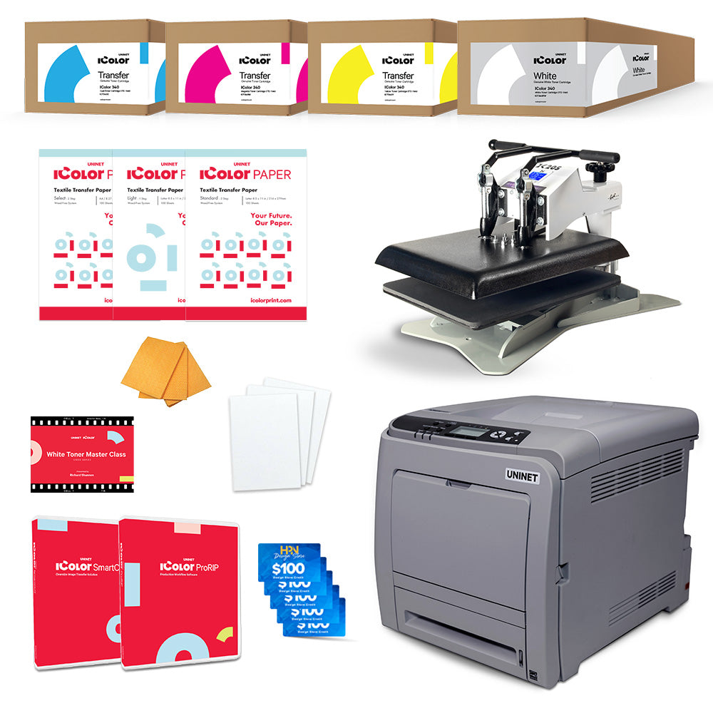 Uninet IColor 340 Apparel Plus White Toner DTF Printer with GeoKnight DK20S Heat Press