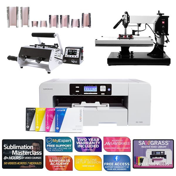 Sawgrass Virtuoso SG1000 Sublijet Sublimation Printer with Signature Series 16" x 20" Swing-Away Heat Press and 8-in-1 Mug Press