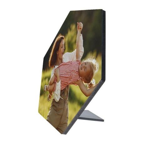 ChromaLuxe 6.53" x 7.5" Hexagon 1/4" Sublimation MDF Wood Desktop Panel w/ Kickstand - Gloss White/Black Back - HeatPressNation